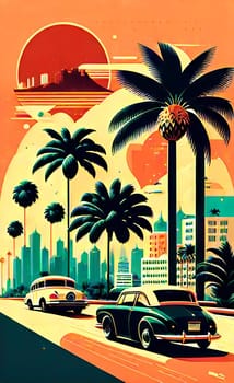 Art drawing - a city with cars and palm trees. Poster in retro style, with retro cars. Landscape of the city of Miami in a hand-drawn style. AI generation