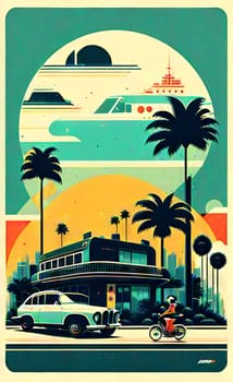 Art drawing - a city with cars and palm trees. Poster in retro style, with retro cars. Landscape of the city of Miami in a hand-drawn style. AI generation