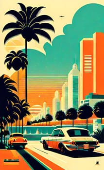 Art drawing - a city with cars and palm trees. Poster in retro style, with retro cars. Landscape of the city of Miami in a hand-drawn style. AI generation