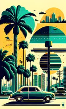 Art drawing - a city with cars and palm trees. Poster in retro style, with retro cars. Landscape of the city of Miami in a hand-drawn style. AI generation