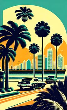 Art drawing - a city with cars and palm trees. Poster in retro style, with retro cars. Landscape of the city of Miami in a hand-drawn style. AI generation