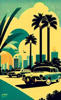 Art drawing - a city with cars and palm trees. Poster in retro style, with retro cars. Landscape of the city of Miami in a hand-drawn style. AI generation