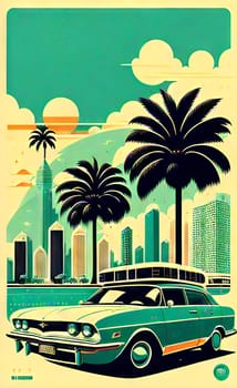 Art drawing - a city with cars and palm trees. Poster in retro style, with retro cars. Landscape of the city of Miami in a hand-drawn style. AI generation