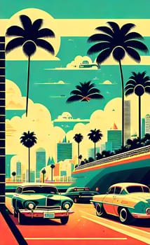 Art drawing - a city with cars and palm trees. Poster in retro style, with retro cars. Landscape of the city of Miami in a hand-drawn style. AI generation