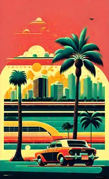 Art drawing - a city with cars and palm trees. Poster in retro style, with retro cars. Landscape of the city of Miami in a hand-drawn style. AI generation