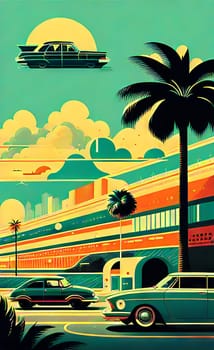 Art drawing - a city with cars and palm trees. Poster in retro style, with retro cars. Landscape of the city of Miami in a hand-drawn style. AI generation