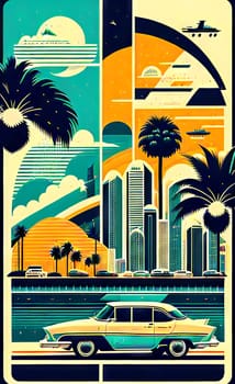 Art drawing - a city with cars and palm trees. Poster in retro style, with retro cars. Landscape of the city of Miami in a hand-drawn style. AI generation