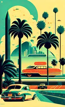 Art drawing - a city with cars and palm trees. Poster in retro style, with retro cars. Landscape of the city of Miami in a hand-drawn style. AI generation