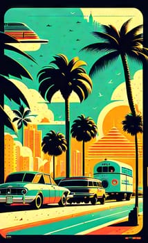 Art drawing - a city with cars and palm trees. Poster in retro style, with retro cars. Landscape of the city of Miami in a hand-drawn style. AI generation