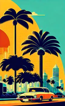 Art drawing - a city with cars and palm trees. Poster in retro style, with retro cars. Landscape of the city of Miami in a hand-drawn style. AI generation