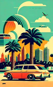 Art drawing - a city with cars and palm trees. Poster in retro style, with retro cars. Landscape of the city of Miami in a hand-drawn style. AI generation