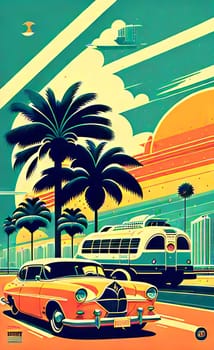 Art drawing - a city with cars and palm trees. Poster in retro style, with retro cars. Landscape of the city of Miami in a hand-drawn style. AI generation