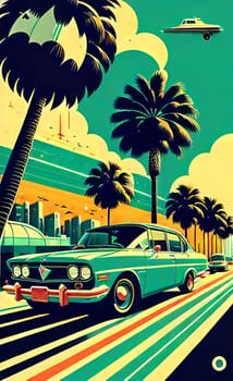 Art drawing - a city with cars and palm trees. Poster in retro style, with retro cars. Landscape of the city of Miami in a hand-drawn style. AI generation