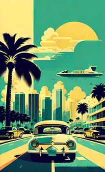 Art drawing - a city with cars and palm trees. Poster in retro style, with retro cars. Landscape of the city of Miami in a hand-drawn style. AI generation