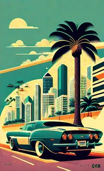 Art drawing - a city with cars and palm trees. Poster in retro style, with retro cars. Landscape of the city of Miami in a hand-drawn style. AI generation