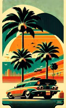 Art drawing - a city with cars and palm trees. Poster in retro style, with retro cars. Landscape of the city of Miami in a hand-drawn style. AI generation