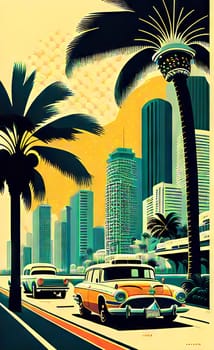 Art drawing - a city with cars and palm trees. Poster in retro style, with retro cars. Landscape of the city of Miami in a hand-drawn style. AI generation