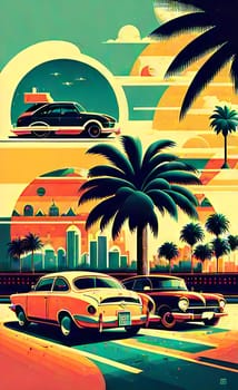 Art drawing - a city with cars and palm trees. Poster in retro style, with retro cars. Landscape of the city of Miami in a hand-drawn style. AI generation