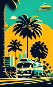 Art drawing - a city with cars and palm trees. Poster in retro style, with retro cars. Landscape of the city of Miami in a hand-drawn style. AI generation