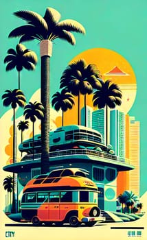 Art drawing - a city with cars and palm trees. Poster in retro style, with retro cars. Landscape of the city of Miami in a hand-drawn style. AI generation