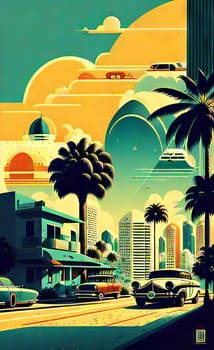 Art drawing - a city with cars and palm trees. Poster in retro style, with retro cars. Landscape of the city of Miami in a hand-drawn style. AI generation