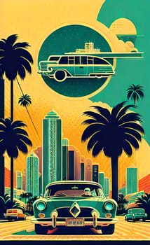 Art drawing - a city with cars and palm trees. Poster in retro style, with retro cars. Landscape of the city of Miami in a hand-drawn style. AI generation