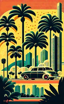 Art drawing - a city with cars and palm trees. Poster in retro style, with retro cars. Landscape of the city of Miami in a hand-drawn style. AI generation