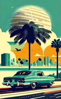 Art drawing - a city with cars and palm trees. Poster in retro style, with retro cars. Landscape of the city of Miami in a hand-drawn style. AI generation