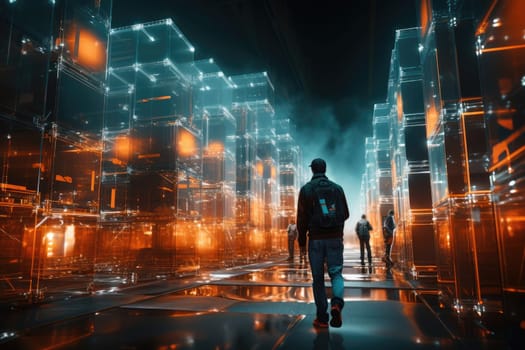 Shot of man walking Data Center, Database, Data storage, Backup, Cyber security and futuristic concept. AI Generative.