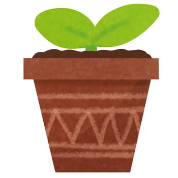 Drawing of sprout seedlings in a pot on white background for usage as an illustration, nature decoration and springtime concept