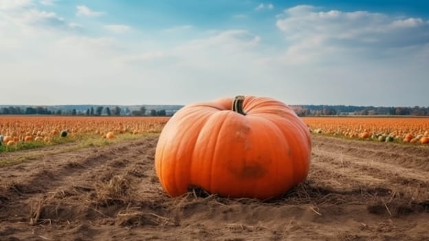 Huge Orange pumpkin grows in the field.