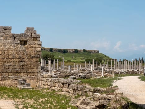 Ancient city of Perge in Antalya, Turkey. Historical ruins in the ancient city of Pamphylia