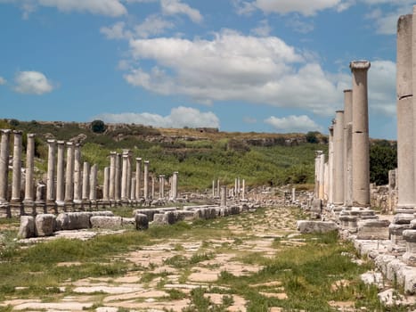 Ancient city of Perge in Antalya, Turkey. Historical ruins in the ancient city of Pamphylia