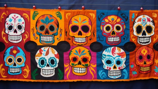 Colored banner for an offering for the Mexican tradition of the Day of the Dead and All Saints with skull shapes.