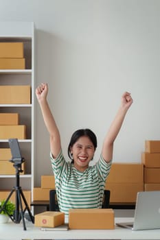 Businesswoman with Laptop and Parcel Box. A Symbol of SME Success in E-Commerce