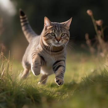 Young cat jumps over a meadow
