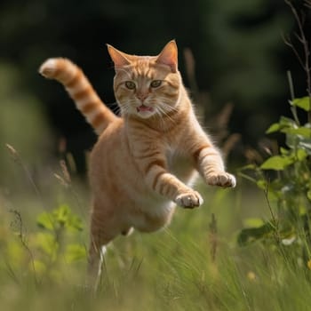 Young cat jumps over a meadow