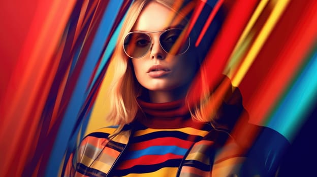 Young female model posing with trendy fashion outfit and colorful optical art abstract background. Picturesque generative AI