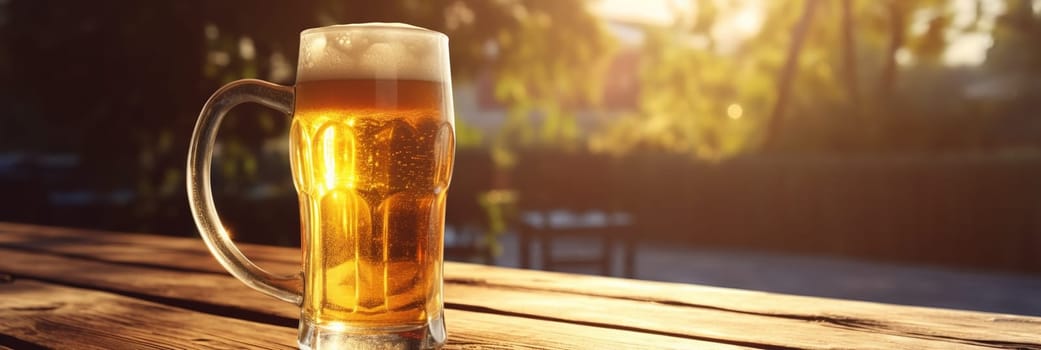 A glass of cold beer on a wooden table. Copy space banner