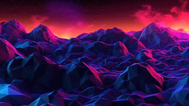 Cyberpunk mountain landscape abstract background for desktop wallpaper with retro-wave design city in geometric shape. Picturesque generative AI