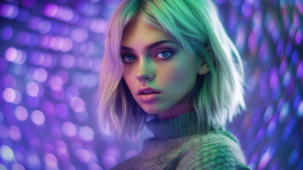 Beautiful model with colorful and trendy outfit with glowing purple green neon light, colorful dyed hair and fashionable glitch core teenager girl. Picturesque generative AI