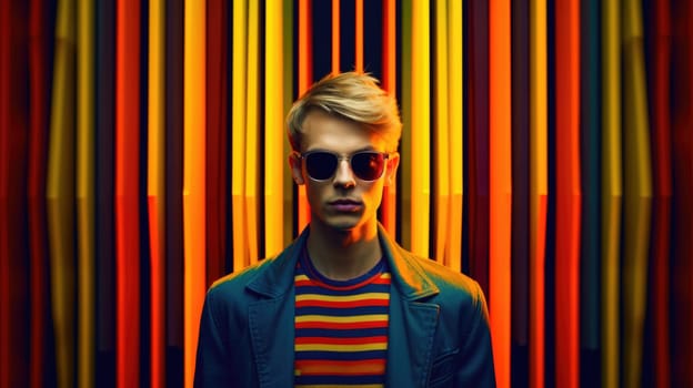 Young male model posing with trendy man fashion outfit and colorful optical art abstract background. Picturesque generative AI