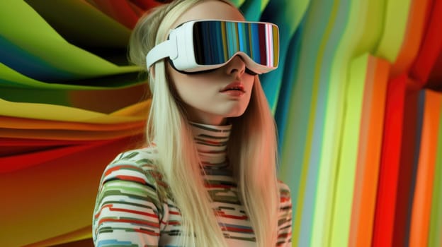 Young female model wearing VR posing with trendy fashion outfit and colorful red optical art abstract background. Picturesque generative AI