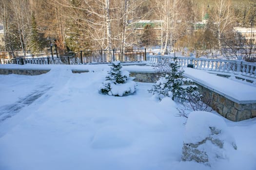 A snow-covered park with a stone balustrade and fence is visible, the house is visible through the trees in the background, in a charming winter landscape.