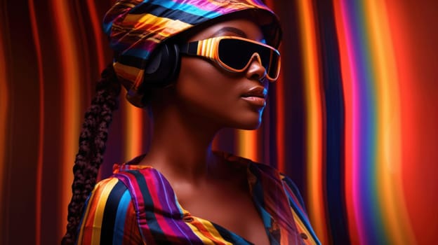 Young african female model wearing VR posing with trendy fashion outfit and colorful optical art abstract background. Picturesque generative AI