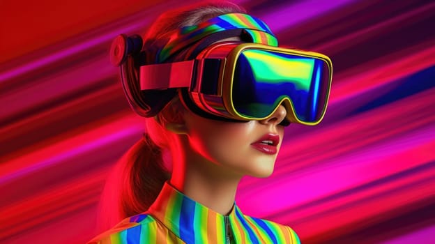 Young female model wearing VR posing with trendy fashion outfit and colorful vibrant glowing lime green optical art abstract background. Picturesque generative AI