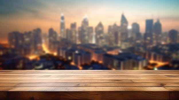The empty wooden table top with blur background of city skyline. Exuberant image.