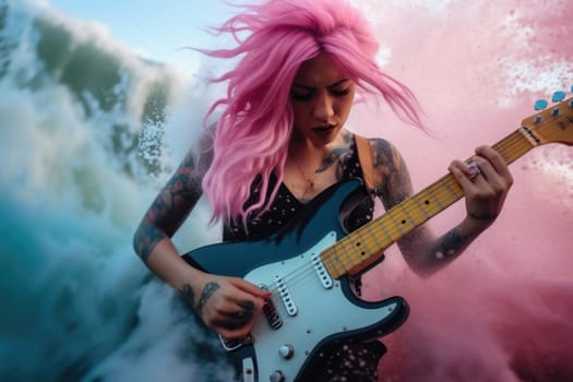 Punk girl with pink hair style playing guitar with passionate while rock n roll water wave splashing in turbulence around her with colorful smoke. Picturesque generative AI