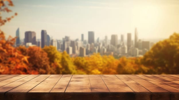 The empty wooden table top with blur background of nature skyline in autumn. Exuberant image.