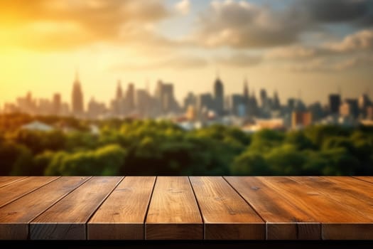 The empty wooden table top with blur background of nature skyline. Exuberant image.